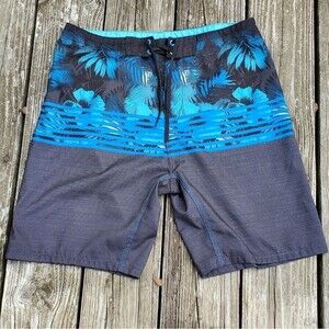Burnside Men Sz 30 Board Shorts Swim Trunk Blue Black Drawstring Zip Pocket